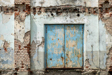 facade of abandoned old demolished house like lost place area