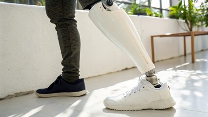 Eco Friendly White Prosthetic Leg Made of Plastic on White Background Close Up with Natural Lighting