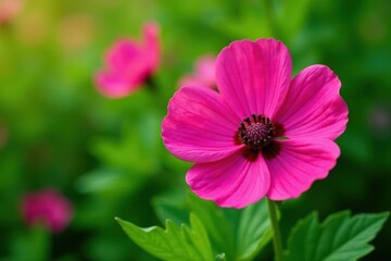 Musk mallow flowers, vibrant petals, lush green leaves, bloom, aromatic