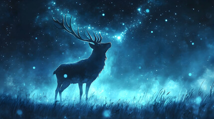 Silhouetted deer in a starry night landscape.