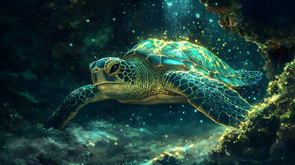 Fototapeta premium A luminous sea turtle swims through a glowing underwater cavern.