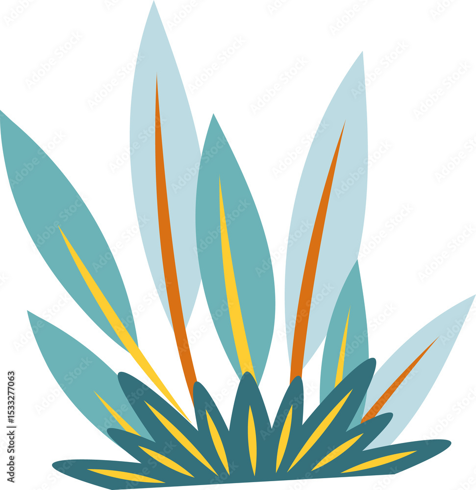Poster displaying radiating leaf motif with colored stripes in flat vector style on transparent background