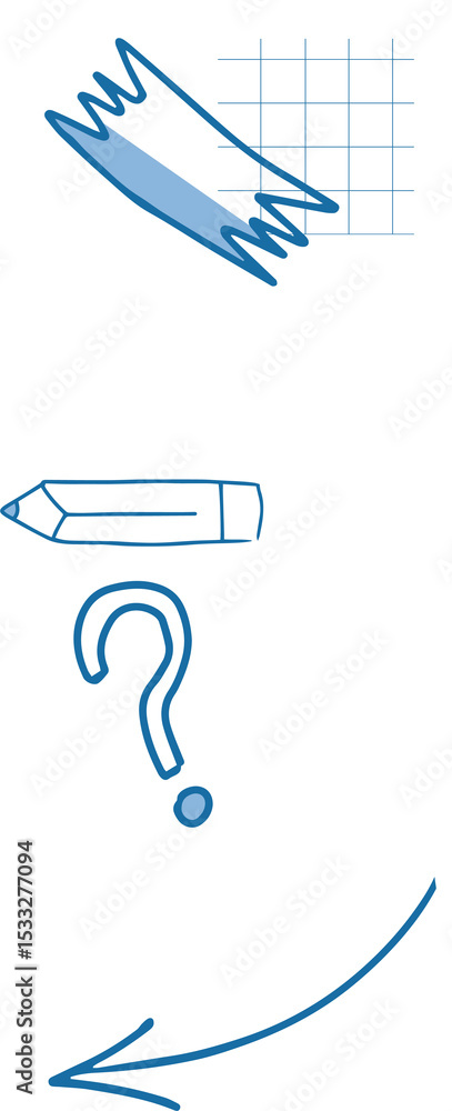 Poster showing sketchy blue doodles on transparent bg with grid or scribble or pencil or question mark or c