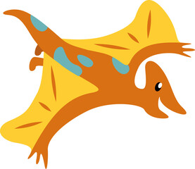 Cartoon pterosaur gliding on transparent background, showing orange body, yellow wings, teal spots