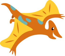Fotobehang Cartoon pterosaur gliding on transparent background, showing orange body, yellow wings, teal spots © vectorfusionart