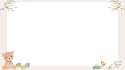 Baby-themed flat frame is showing bear or blocks car or duck pacifier or ball on transparent backgro