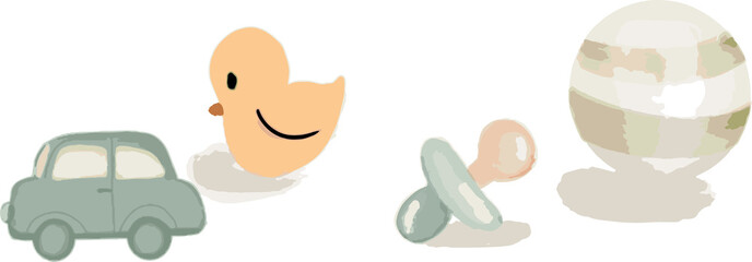 Displaying stylized toy items on transparent background, showing car, duck, pacifier, striped ball