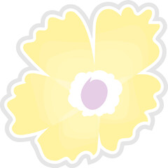 Flat yellow flower is floating over transparent background, showing white outline and purple core