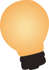 Cartoon-style light bulb icon is glowing on transparent background, showing dark screw base