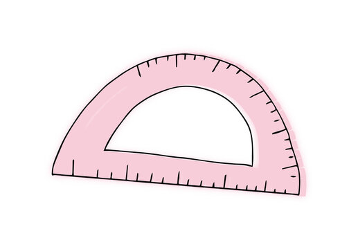 Pink protractor is lying on transparent background in flat design, showing tick marks, copy space