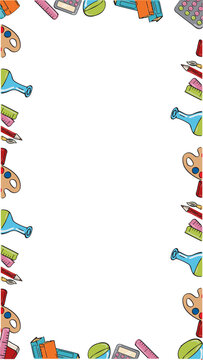 Illustrated STEM art supplies are forming flat design frame on transparent background, copy space