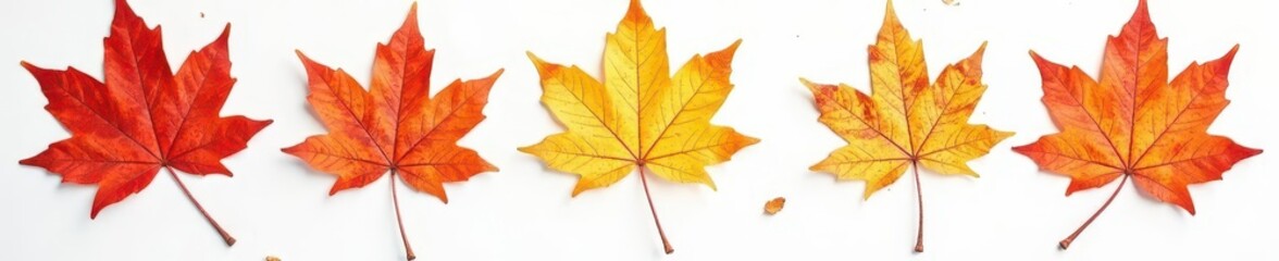 Fototapeta premium Crisp, swirling maple leaves in descent against a pure white background , vibrant, stock