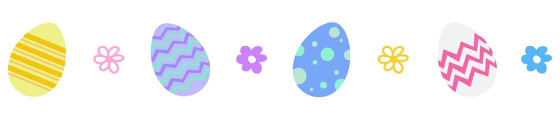 Pastel Easter eggs and stylized flowers are repeating in flat design with transparent background