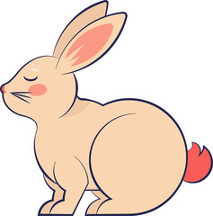 Cartoon rabbit is resting in side-view flat design, cream body, pink ears on transparent background