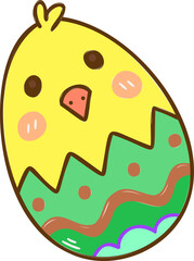 Cartoon chick is emerging from decorated Easter egg in flat vector design, transparent background
