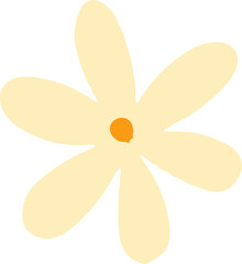Flat daisy-like flower is floating on clear backdrop with six off-white petals and orange center