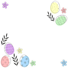 Easter border is showing pastel eggs and flowers in flat style, transparent background, copy space