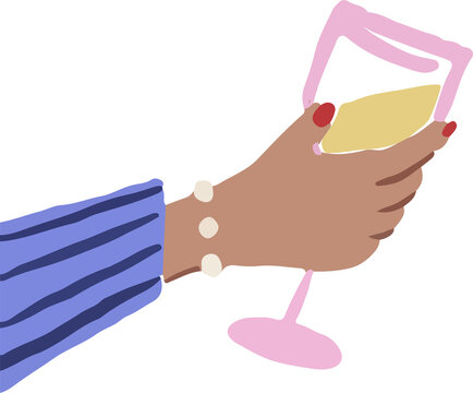 Naklejki Hand is grasping pink wine glass with red nails, bracelet in flat design, transparent background