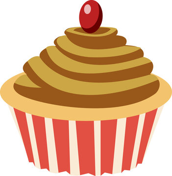 Naklejki Cartoon cupcake is featuring striped liner, two-tone swirl and red candy on transparent background