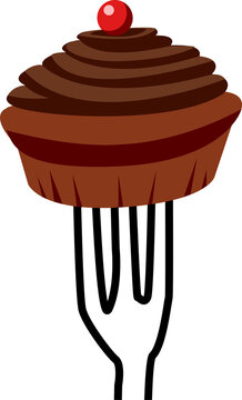 Naklejki Showing stylized cupcake design skewering swirl frosting and red cherry on fork on clear background