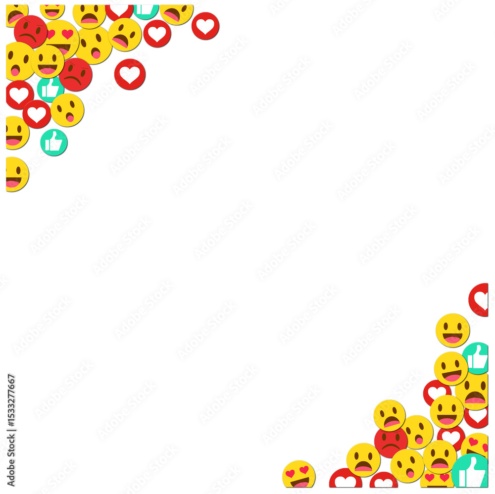 Poster abstract flat design reaction emoji clusters floating on transparent canvas, showing feedback icons