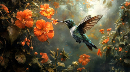 Hummingbird in a floral garden scene.