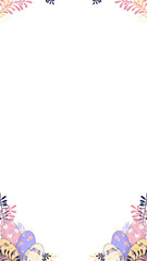 Frame forming pastel eggs and foliage wreath splitting top and bottom on transparent backdrop