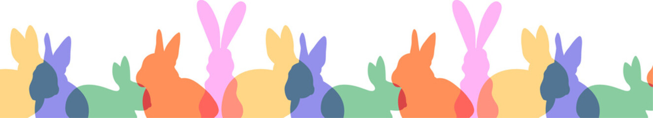 Vector pattern is featuring overlapping pastel bunny shapes on transparent backdrop, copy space
