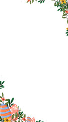 Showing vector Easter border with foliage, eggs, yellow flowers, transparent background, copy space