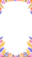 Easter-themed frame is featuring pastel eggs and foliage in flat design on transparent background