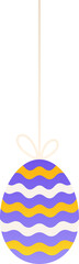 Egg ornament is hanging by thin string forming bow knot in flat design, transparent background