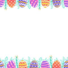 Easter eggs and leaves are forming decorative frame in flat design transparent backdrop, copy space