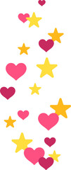 Fototapeta premium Abstract hearts and stars are floating in flat design in pink red yellow on transparent background