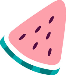 Flat fruit slice is floating on transparent background, showing pink flesh, purple seeds, teal rind