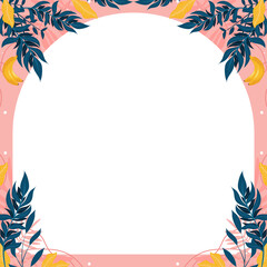 Flat botanical arch frame is showing teal-blue leaves, yellow banana motifs, transparent background