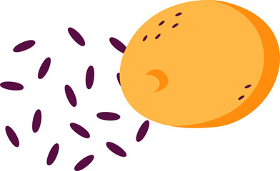 Flat design papaya half is showing yellow-orange flesh with purple seeds on transparent background