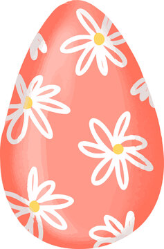 Fototapeta Flat ornamental egg is featuring coral-pink tones and white daisy pattern, transparent background