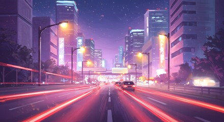 traffic at night landscape colorful art illustration