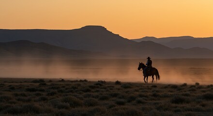 Sunset Rider: A lone horseback rider silhouetted against a breathtaking sunset, traversing a dusty plain with majestic mountains in the distance. The image evokes a sense of adventure and freedom.