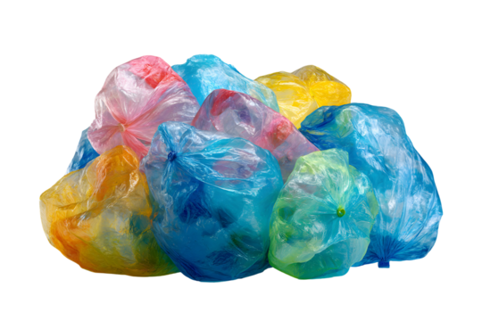 Colorful plastic bags filled with trash, demonstrating waste management concept