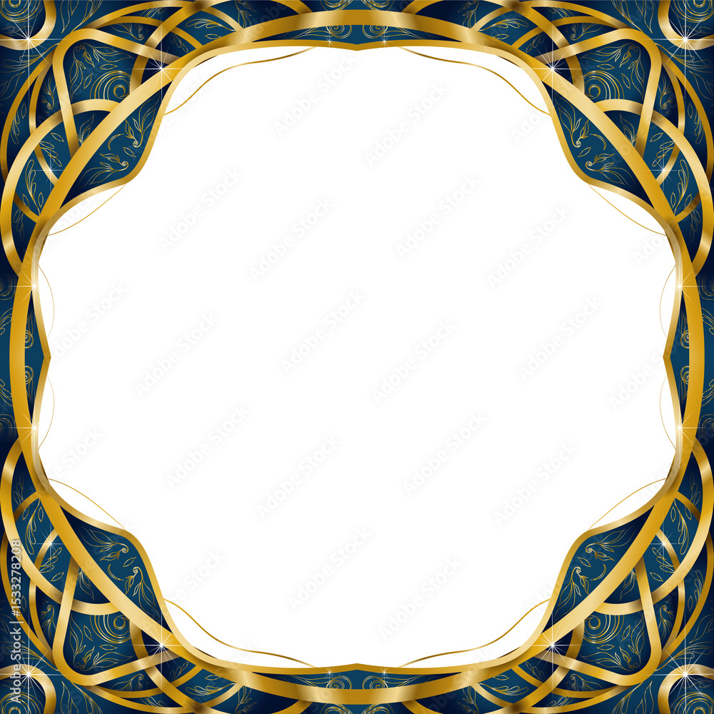 Poster flat vector ornate frame is showing golden ribbon loops with blue panels on transparent background