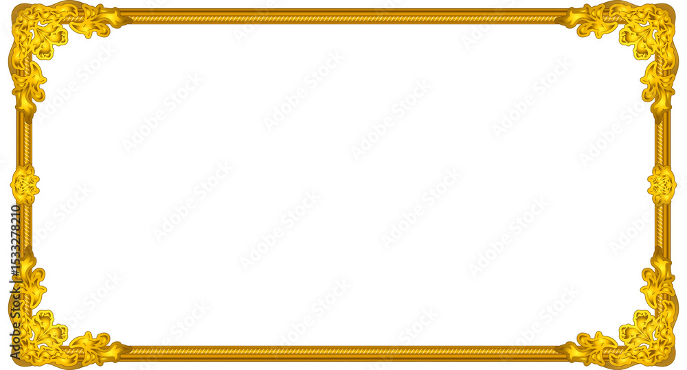 Poster ornate rectangular frame is floating on transparent background showing baroque scrolls, copy space