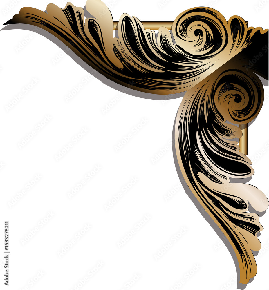 Poster baroque corner motif is featuring scrollwork curls in metallic gradient with transparent background