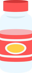Flat design plastic jar with red lid yellow label is revealing pink liquid on transparent backdrop