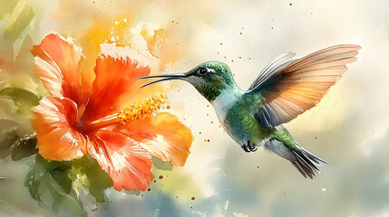Hummingbird and hibiscus flower in a watercolor style.