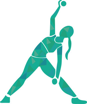 Fototapeta Abstract low-poly female figure is executing side bend with dumbbells on transparent background