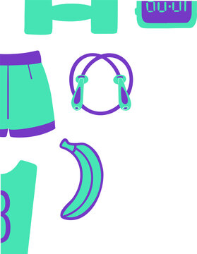 Fototapeta Flat vector fitness icons are showing items on clear backdrop with turquoise fill, purple outlines