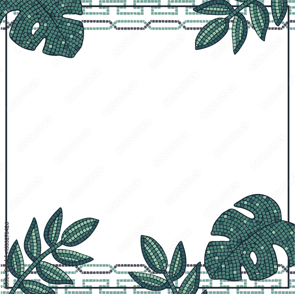 Poster flat border is showing mosaic leaf pattern and chain motif, transparent background, copy space