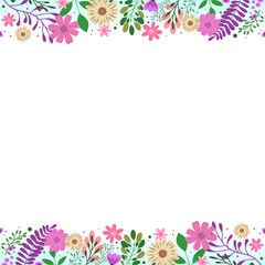 Fototapeta premium Vector floral frame showing daisy lavender blooms, green leaves, transparent background, copy space
