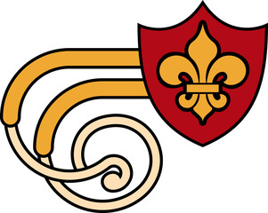 Showing crest on transparent background with red shield, gold fleur-de-lis and curling ribbons